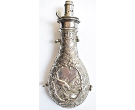 James Dixon and Sons quick loading fireproof plated powder flask decorated with a stag at bay in&nbsp;a roundel cartouche, wi