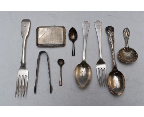 Hallmarked silver items including Scottish William IV or Victorian fork Edinburgh 1837, spoon and fork set London, King's pat