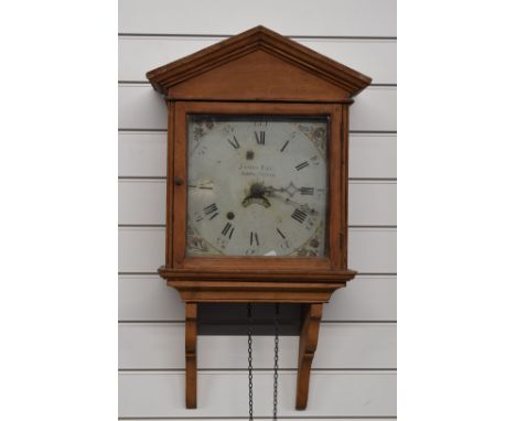19thC longcase clock movement, dial, weight and hood, in pine case, painted Roman numerals, eight day movement striking on a 
