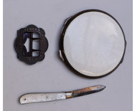 Art Deco hallmarked silver and white guilloché enamel compact, Birmingham 1939, diameter 8cm, mother of pearl handled hallmar
