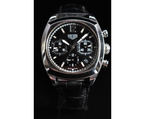 Heuer Classic Monza gentleman's automatic chronograph wristwatch ref. CR2110 with luminous hands, steel hour markers, black d