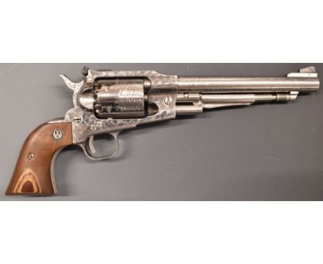 Ruger Old Army .44 six-shot single action revolver with adjustable sights, show wood grips and 7.5 inch octagonal barrel, ove