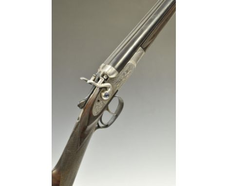 Belgian .410 side by side hammer action shotgun with engraved scenes of dogs to the locks, engraved hammers, underside, trigg