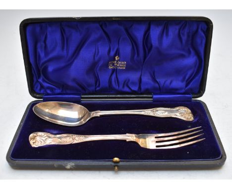 Cased&nbsp;Victorian hallmarked silver King's pattern fork and spoon, London 1848, maker Chawner and Co with Cheltenham retai