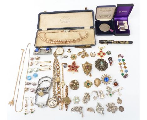 A collection of costume jewellery including watches, vintage paste set brooches, Toledo brooch, Art Deco clip etc