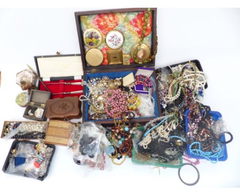 A collection of costume jewellery including vintage necklaces, beads, mother of pearl box, wooden boxes, 9ct gold brooch, etc