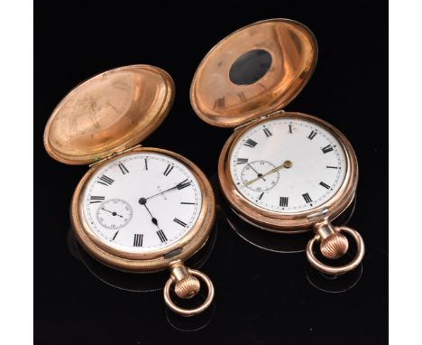 Two gold plated keyless winding pocket watches one Elgin full hunter with inset subsidiary seconds dial, blued hands, black R