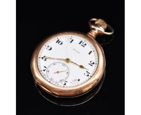 Rolex gold plated keyless winding open faced pocket watch with subsidiary seconds dial, gold hands, black Arabic numerals, ra