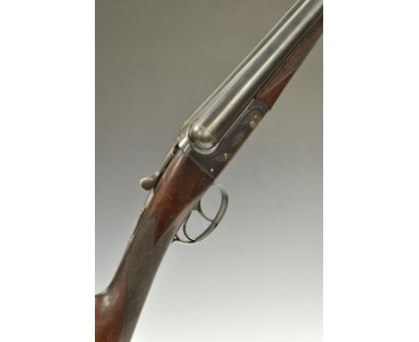 BSA 12 bore side by side shotgun with engraved lock, underside, top plate and thumb lever, chequered grip and forend, double 