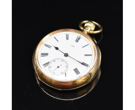 Army &amp; Navy 18ct gold keyless winding open faced pocket watch with inset subsidiary seconds dial, blued hands, black Roma