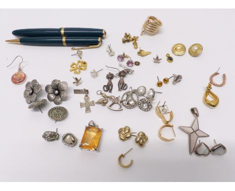 A collection of vintage earrings, 9ct gold earrings, Parker pens etc