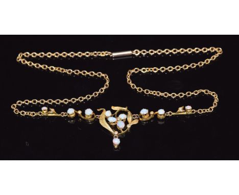 Edwardian 9ct gold&nbsp;necklace set with opal cabochons and seed pearls, 6.6g, 44cm long