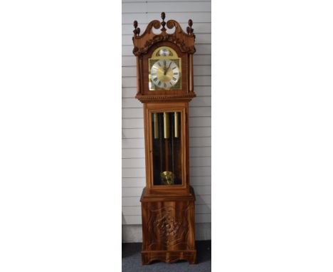 Late 20thC grandfather longcase clock in carved mahogany case, featuring three owls to back visible through glass door, with 