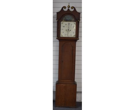 19thC eight day duration oak longcase clock, the painted Arabic dial decorated with bird spandrels, secondary seconds and dat