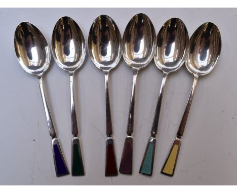 Set of six Art Deco&nbsp;hallmarked silver and guilloché enamel teaspoons, Birmingham 1933, maker Barker Brothers Silver Limi