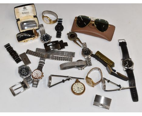 A collection of watches, Ronson lighter, vintage Ray-Ban sunglasses, belt buckles for Jaguar, Gucci, Guinness etc
