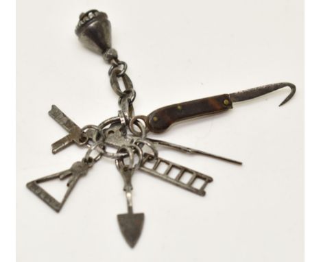 19thC cut steel chatelaine with miniature tools to include ladder, square, folding hook and spade, L7cm