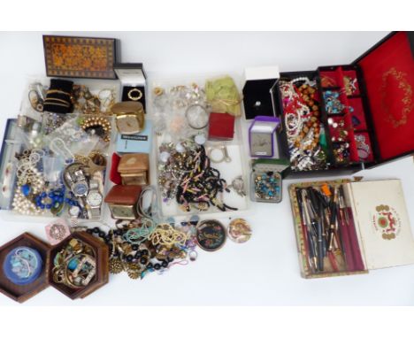 A collection of costume jewellery including Exquisite pendant, watches, vintage earrings, vintage brooches, beads, pens, etc&