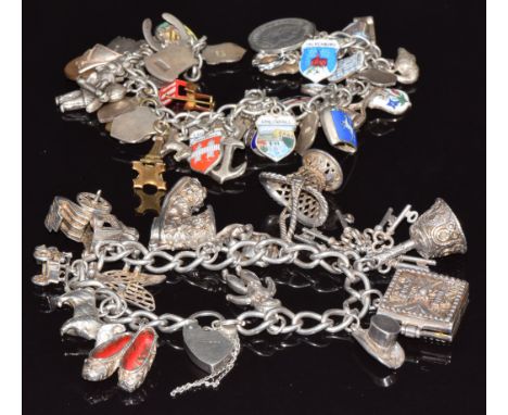 Two silver charm bracelets including enamel charms, anchor, boat, dog, car, etc, 154g
