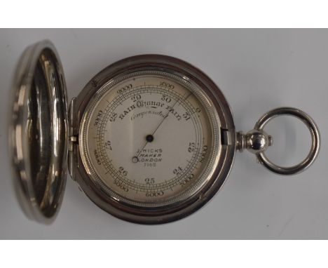 James Joseph Hicks of London pocket barometer with blued hand and signed silver dial, case diameter 50mm.&nbsp;