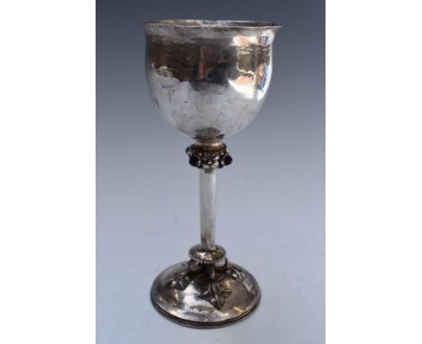 George V Arts and Crafts hallmarked silver goblet with amethyst cabochons to stem, Chester 1924, maker&nbsp;Kenneth Stewart o