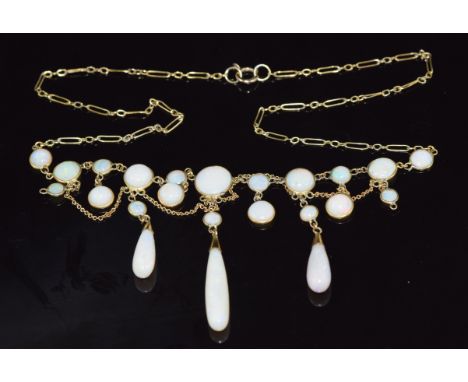 A c1900&nbsp;9ct gold necklace set with round cut opal cabochons and teardrop opals, 6.5g, 44cm long