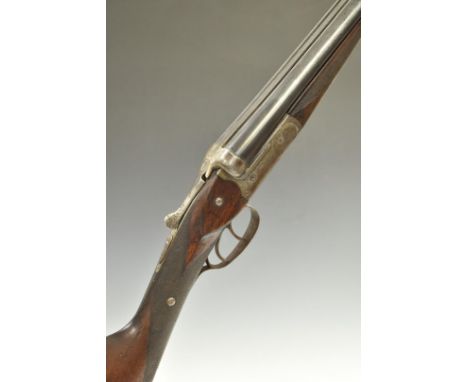 Belgian 20 bore side by side shotgun with chequered grip and forend, double trigger and 28 inch barrels, overall length 112.5