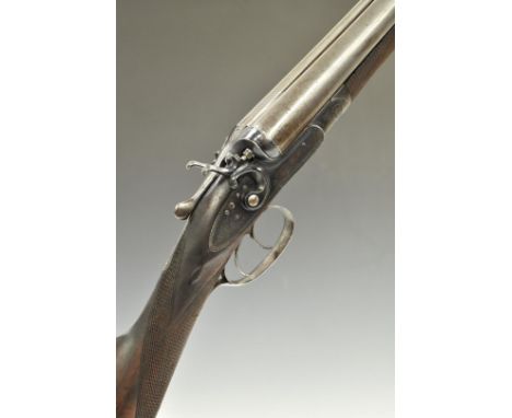 English 12 bore side by side hammer action shotgun with engraved locks, stylised hammers, trigger guard, underside, top plate