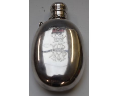 Victorian hallmarked silver oval hip or spirit flask with screw on lid retained by a chain, the body engraved with initials B