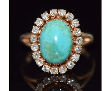 Early 19thC yellow metal ring set with a turquoise cabochon surrounded by diamonds, 4.5g, size K
