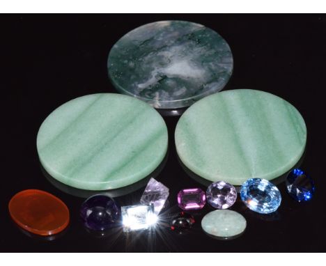 Two loose aquamarines, amethyst cabochons, garnet cabochon, moss agate plaque, agate plaque, etc&nbsp;