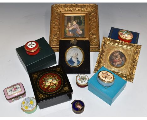 A collection of 19thC and later enamel boxes including Halcyon Days, continental example with portrait of a man in hat to lid