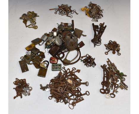 A large collection of vintage padlocks, locks and keys, 17th/18thC onwards, including cycle lock pat 2390, one with VR cipher