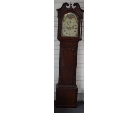 Georgian oak cased longcase clock, indistinct T Mawkis Derby to painted Roman dial decorated with birds, moonphase to arch, t