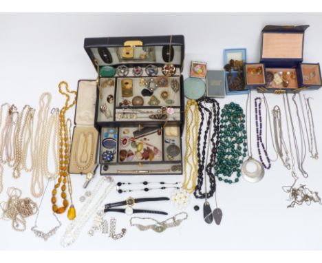 A collection of costume jewellery including&nbsp;Toledo brooches, antique necklaces, vintage brooches, etc