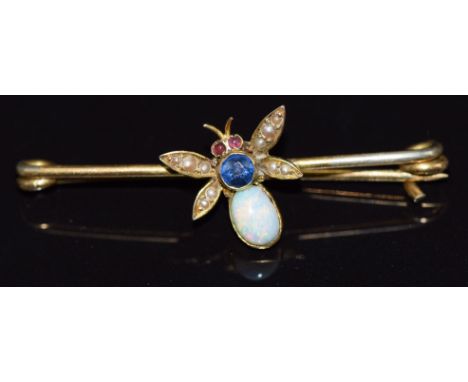 Edwardian brooch in the form of a fly set with an opal, sapphire, seed pearls and ruby eyes, 4cm, 2g