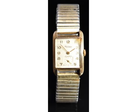 Rotary 9ct gold gentleman's wristwatch with inset subsidiary seconds dial, gold hands and Arabic numerals, square silver dial