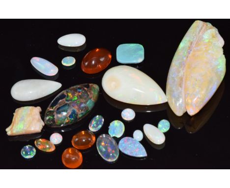 A carved opal in the form of a man, two pearl cut loose opals, three loose fire opal cabochons, two black opal doublets, and 