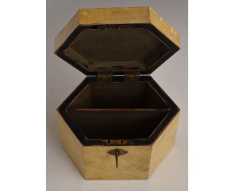 Georgian octagonal two division abalone tea caddy with key, W15.5 x D11 x H12cm