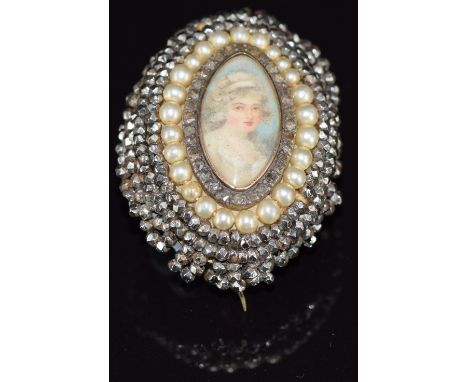 Victorian brooch set with a portrait miniature to the centre surrounded by rose cut diamonds, faux pearls and cut steel beads