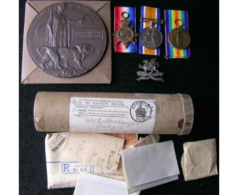 Medals. Killed in Action. 1914-15. Trio; to 17328 Pte. T. J. Hetherington. Bord. R. With Death Plaque; to Thomas William Heth