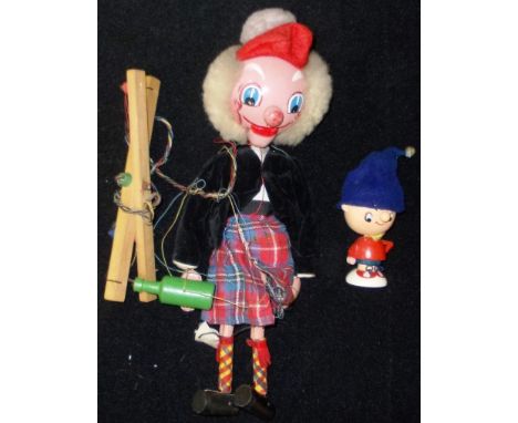 Pelham Puppet. Hamish McBoozle. Tangled. Also old Noddy egg cup in wood. (2)