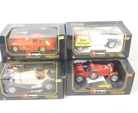 Burago four various 1-18 scale die cast model cars to include Ferrari 250, Mercedes Benz and two others (4).