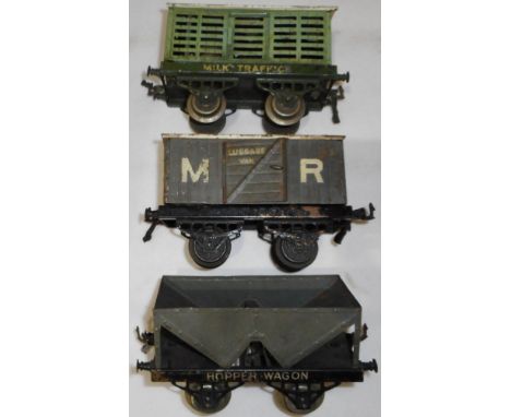 Three Hornby bolt-together wagons. 'Milk Traffic', 'M.R. Luggage Van' & hopper wagon.  Circa 1924.
