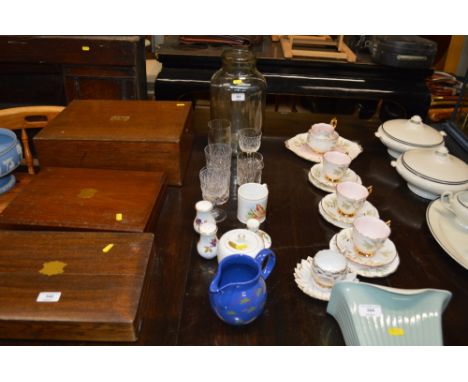 A large glass jar; various drinking glasses; a Royal Worcester Evesham salt and pepperette; matching preserve jar etc.