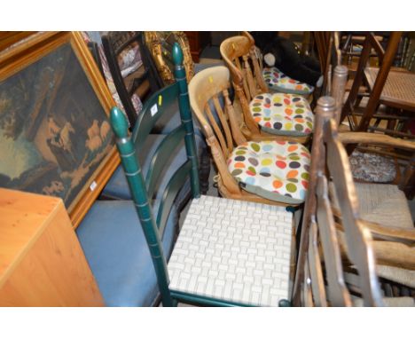 A green painted ladder back dining chair together with three beech kitchen chairs 