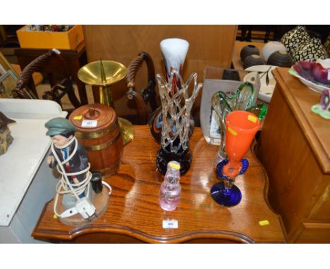 A large brass picket stick; together with various Art glass vases and a novelty table lamp