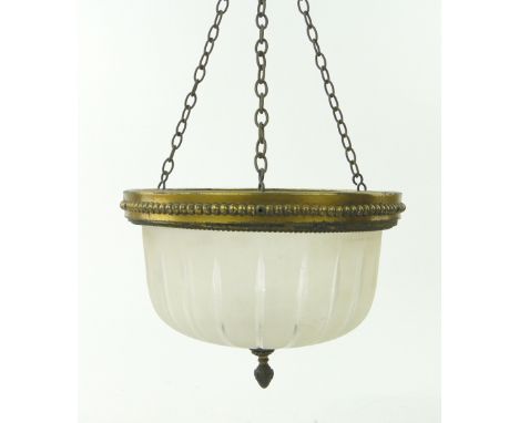 Vintage clear and frosted glass ceiling light bowl
with gilt brass fittings and chains, diameter 11".