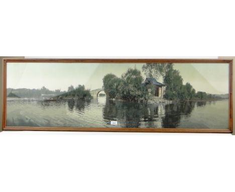 A Chinese machine tapestry picture
depicting an Oriental lake scene, length 53", framed.