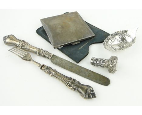 Collection of silver items,
including cigarette case, Christening knife and fork, etc.